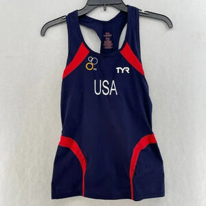TYR Carbon Tank Top Women Sz L USA Red Blue Scoop Neck Racerback Compression